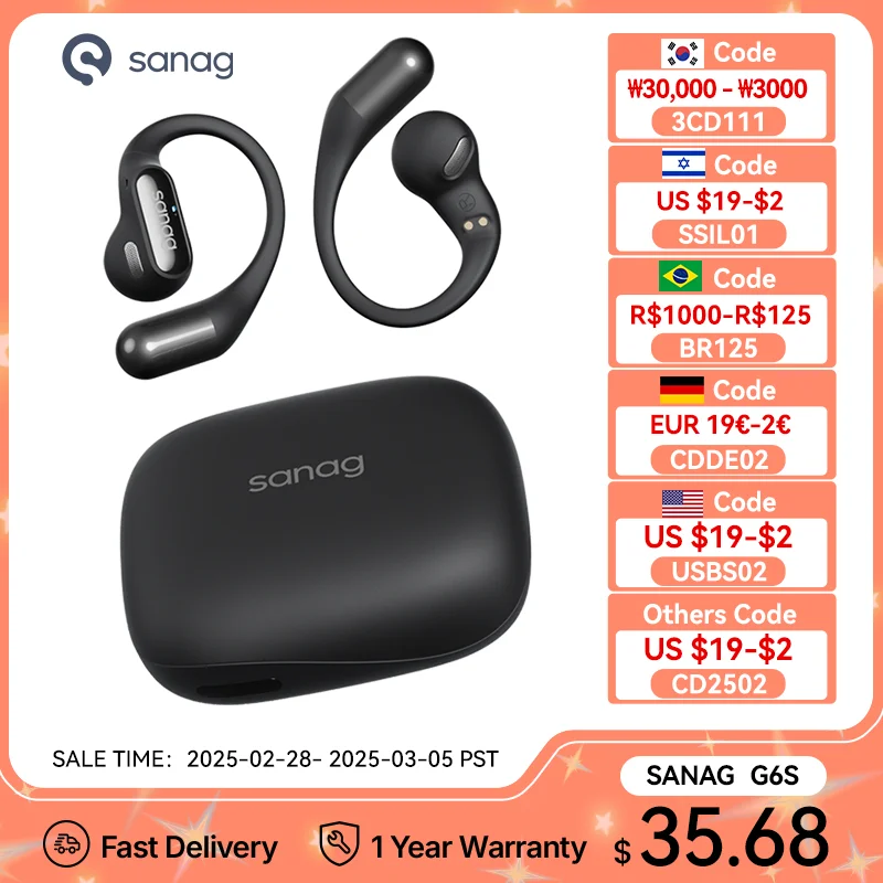 Sanag g6s aberto orelha bluetooth fone de ouvido gancho ows sem fio alta fidelidade som tws esporte correndo fones para o esporte
