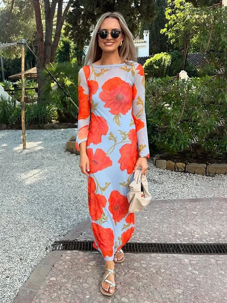 Apprabant Sheer Mesh Flowers Printed Dress Women's O-Neck Flare Sleeve Fashion Loose Casual Elegant Slim Long Dress Streetwear
