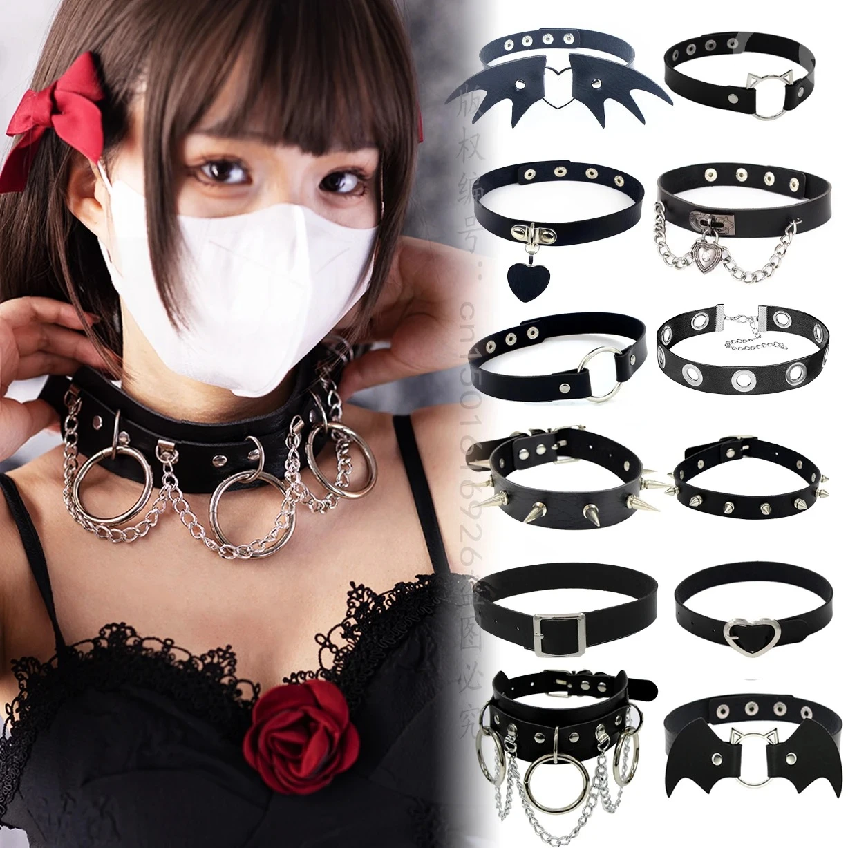 Woman Black Punk Choker Collar Necklace  PU Leather Heart Lock Key Spike Chocker Gothic Cosplay Accessories Party Jewelry