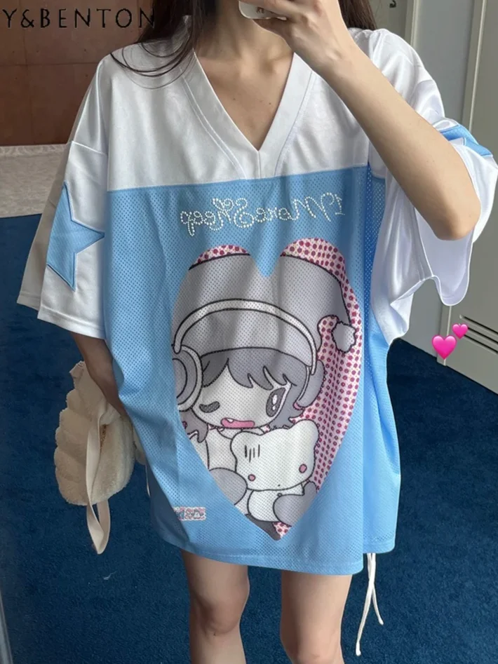 

Sweet Cool Anime Cartoon Printed Short Sleeve V Neck Y2K Top Summer New Subculture Gothic Splicing Color Oversized T Shirt Women
