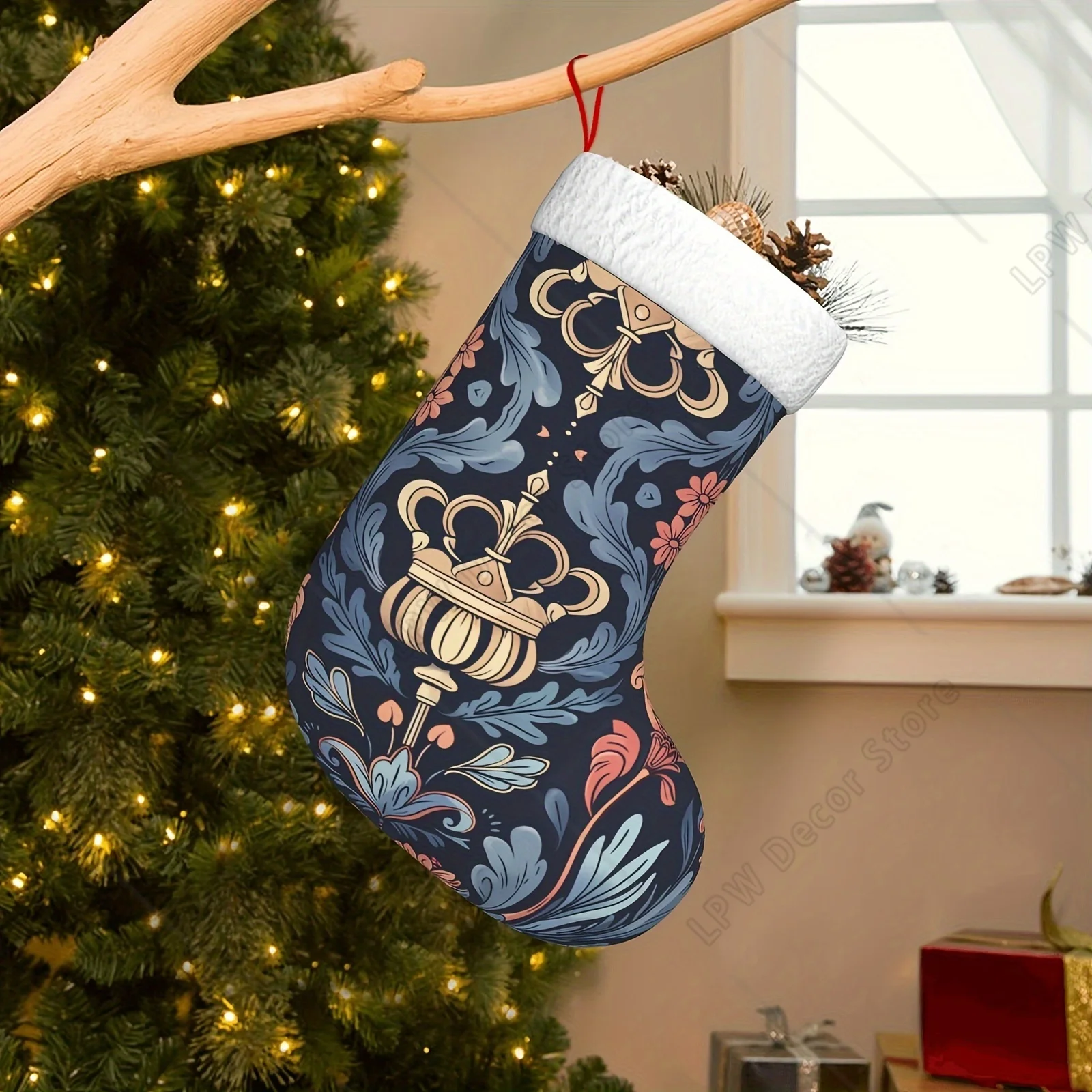 花柄と王冠模様のクリスマスストッキング カフ暖炉吊り下げストッキング 家族のクリスマスデコレーション ホリデーシーズンパーティー用