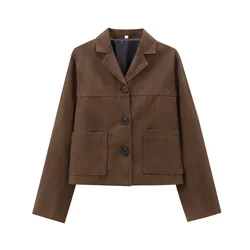 Vintage Brown Suede Jacket For Women Autumn Winter Lapel Long Sleeve Single Breasted Coat with Pockets Lady Outwear
