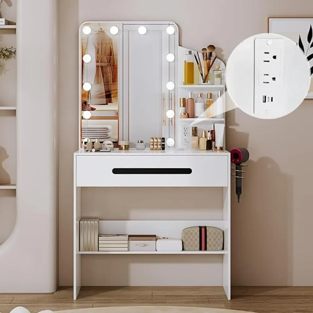 

Vanity desk with mirror and lights,Small makeup vanity with 1 Large drawer,Modern makeup table with Power Outlet and 12 Lights