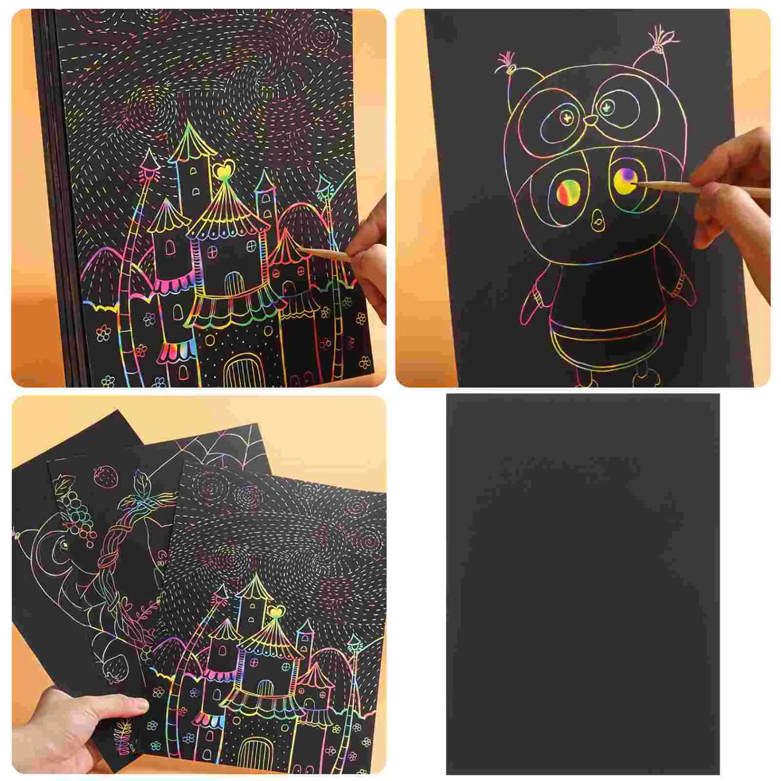 55PCS Children Scratch Paper Scratching Drawing Painting Papers Creative Scratch Drawing Paper Set Black (50 Sheets, 5 Bamboo