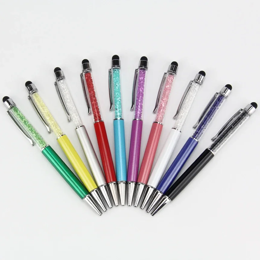 

100pcs/lot Wholesale Crystal Diamond Ballpoint Pens Stationery Ballpen 2 In 1 Capacitive Stylus Pen