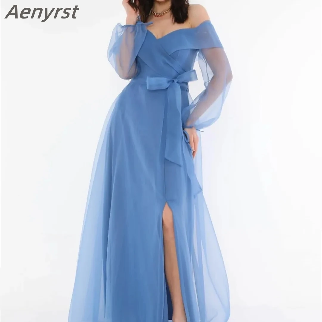 Off Shoulder Evening Dresses Side Slit A-Line Blue Party Gown Long Organza Formal Gowns Floor Length With Bow Prom Dresses