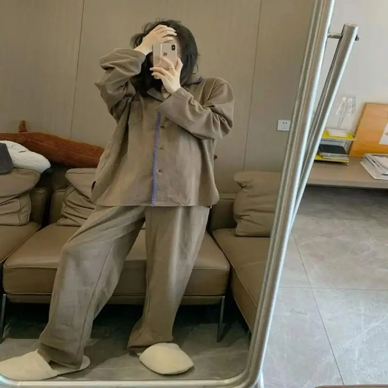 

Корейская версия Ins Style, простая немецкая бархатная пижама для женщин, студенческий повседневный комплект из 2 предметов с героями мультфильмов, женская одежда, новинка, два