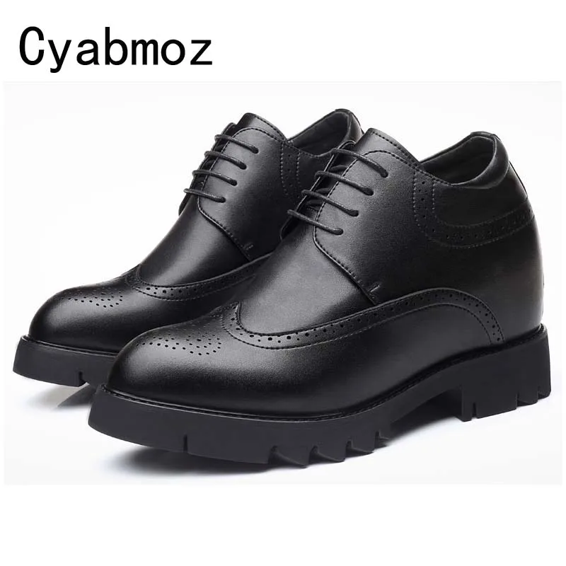 

12CM Extra High Elevator Shoes Split Leather Height Increasing Casual Business Shoes Brogues Carving Wedge Heel Male Dress Shoes