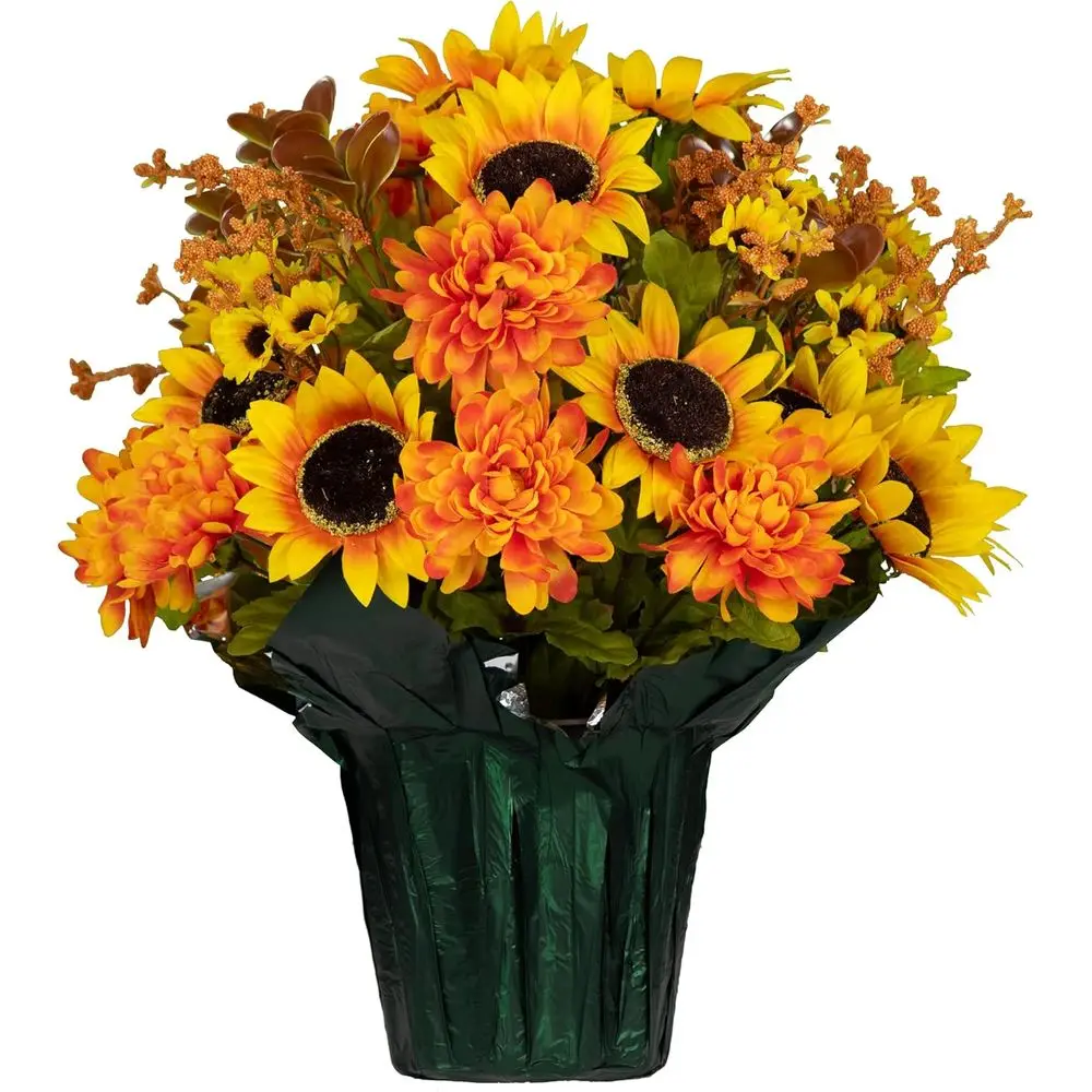 

Искусственные цветы в горшке - Декоративный букет с желтыми подсолнухами и янтарными хризантемами