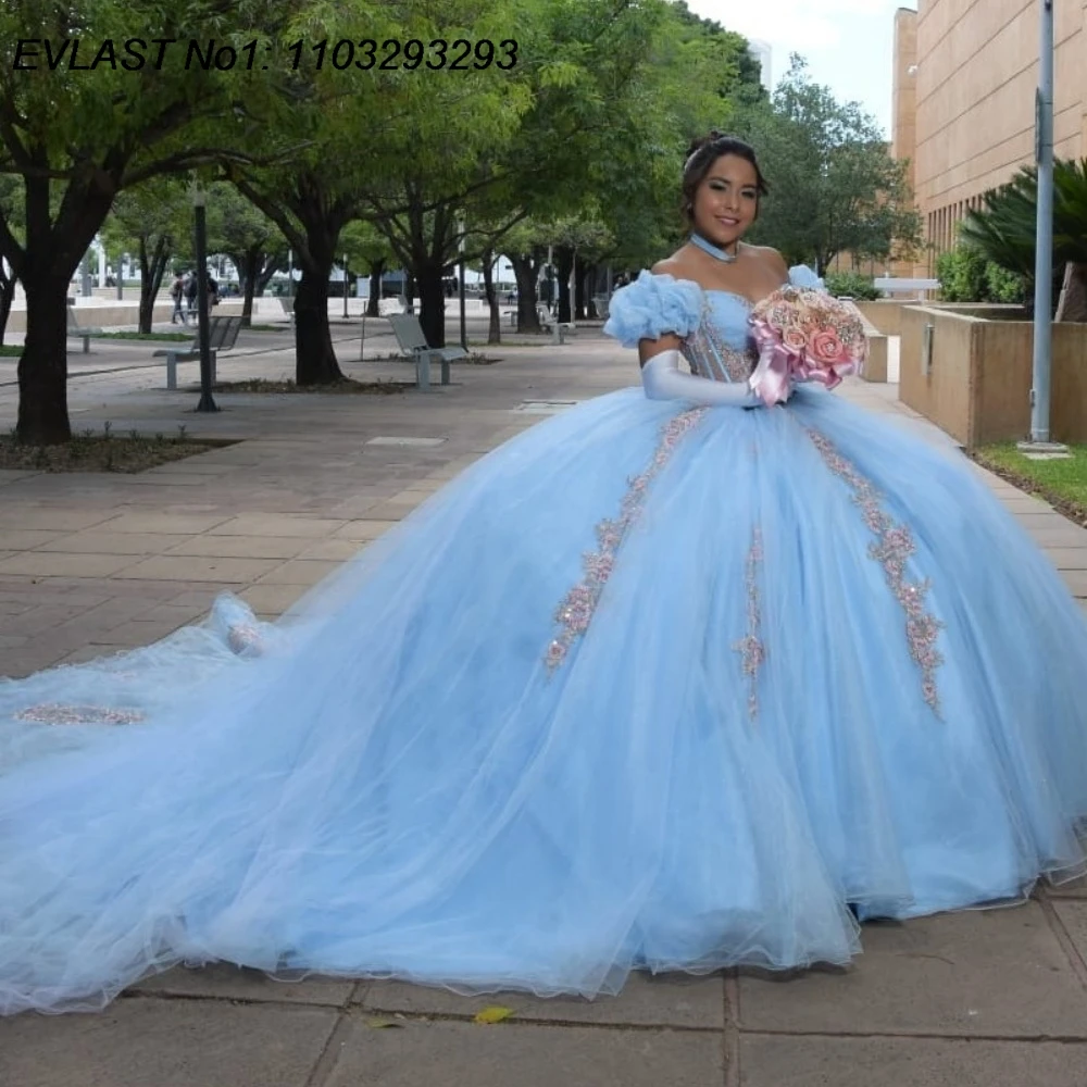 

EVLAST Customized Shiny Blue Quinceanera Dress Ball Gown Pink Lace Applique Beading Ruffles Sweet 16 Vestidos De 15 Anos E1QN694