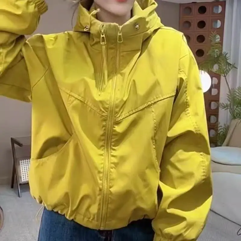 

Unique Double Zipper Hooded Jacket for Women Spring Autumn Drawstring Waist Cinched Loose Parka Tops Fashion Women Clothing