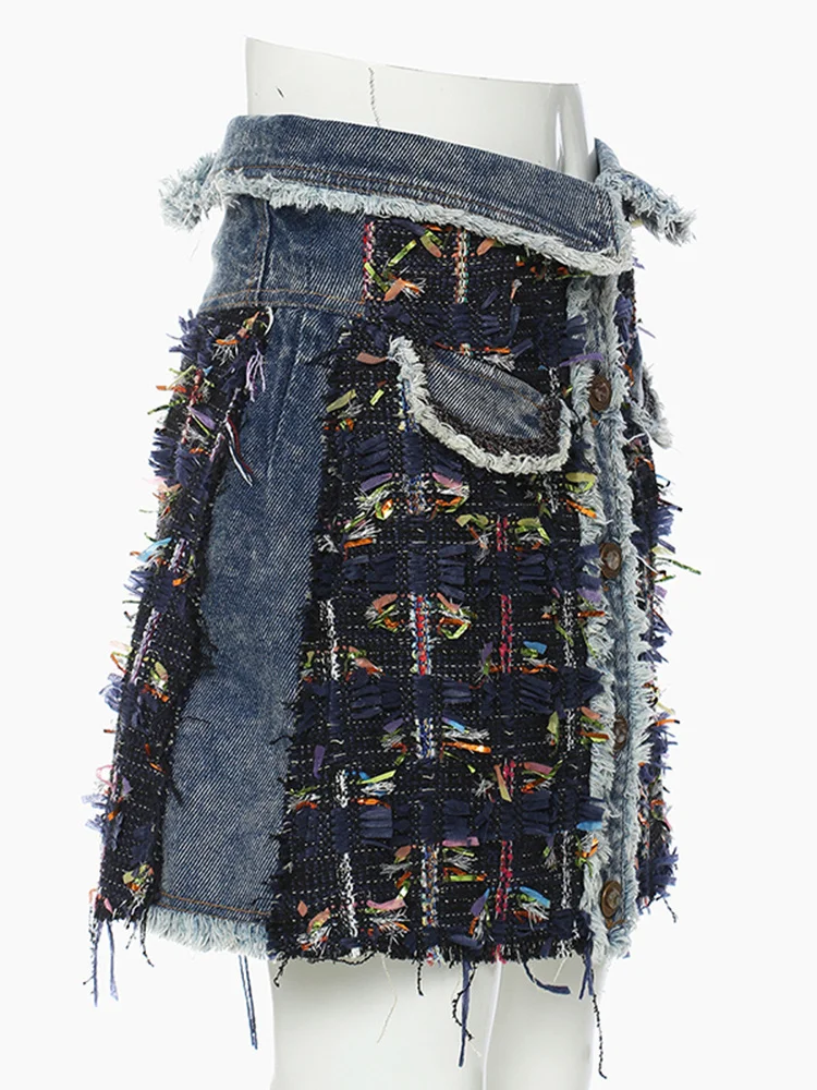 [EAM] High Waist Blue Denim Ribbon Tassels Tweed Burr Mini Half-body Skirt Women Fashion Tide New Spring Autumn 2024 1DE2310