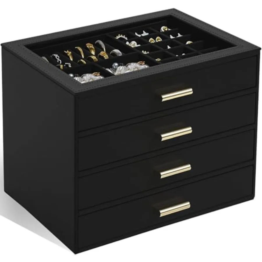Jewelry Box with Clear Lid Functional Leather Jewelry Storage Organizer Case 4 Drawers for Women Girls Necklace Ring Bracelet E