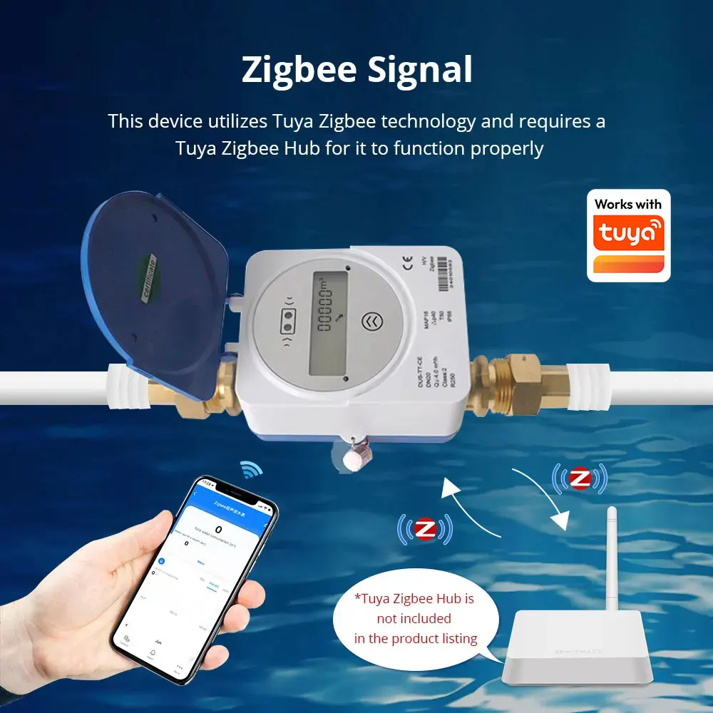 Zemismart Zigbee Ultrasonic Water Meter DN15 DN20 DN25 Smart Monitoring Water Consumption Water Flow LCD Digital Display