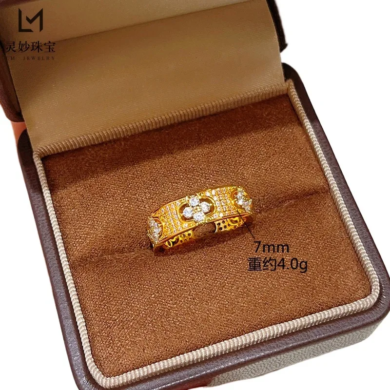 9999 24K real gold hollow white diamond four-leaf clover ring full of stars lucky grass flower ring light luxury gift girlfriend