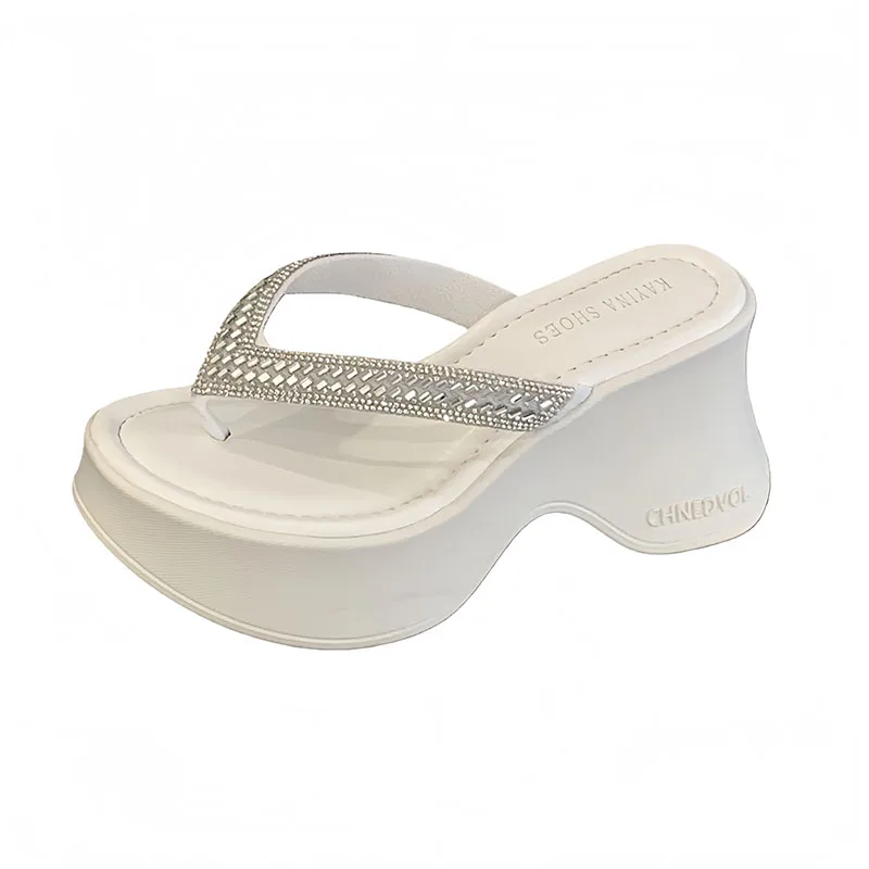 

Black Platform Flip Flops White High Heels Sandals Fashion Wedge Slippers Summer Rhinestones Belt Woman Shoes Chunky Heels