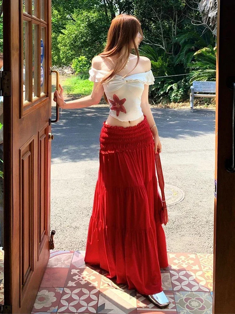 

Summer New Beach 2 Piece Sets Women Hotsweet Off Shoulder Star Print Casual Tops Mushroom Edge Draw Pleats Slim Long Skirt