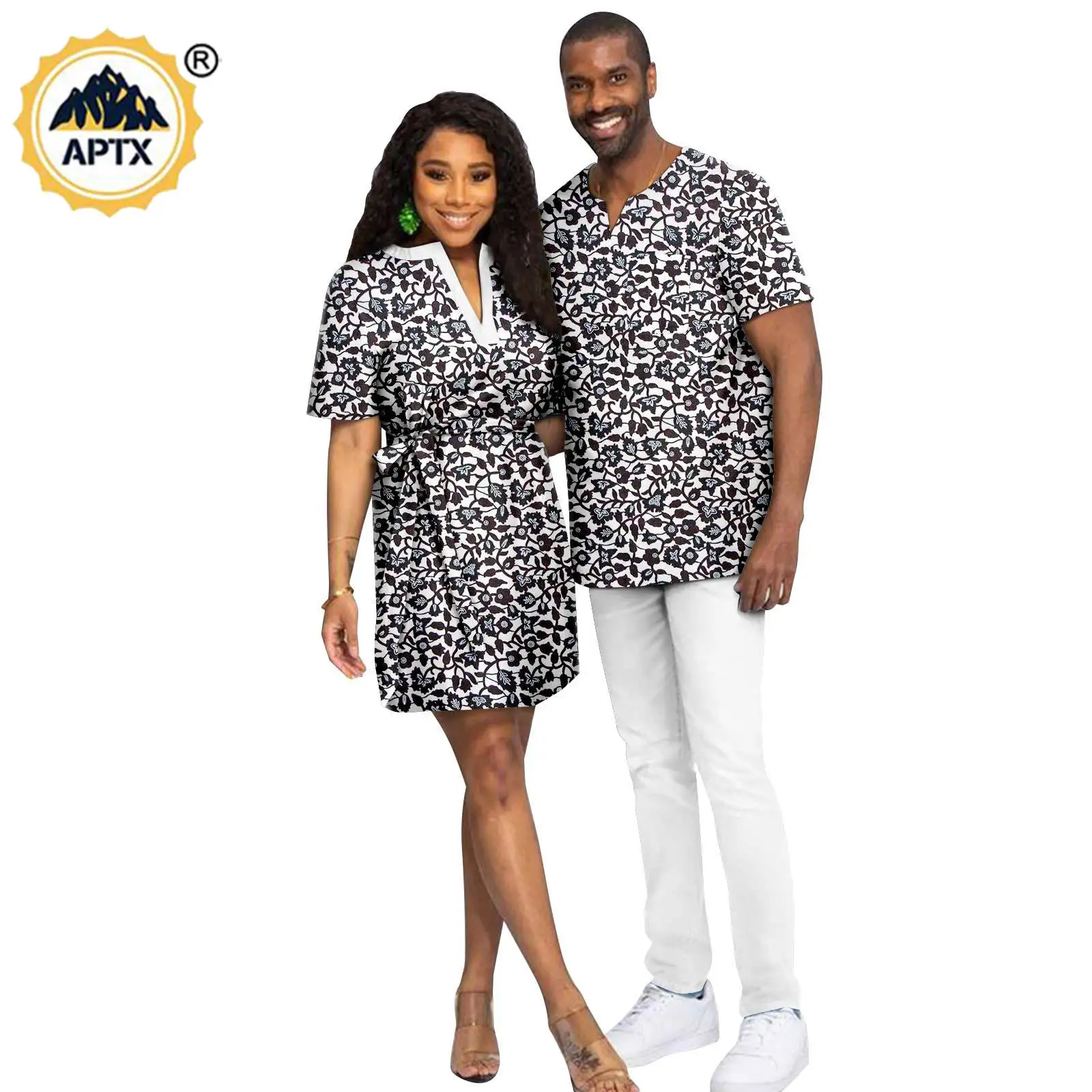 

Couple Matching African Clothes Dashiki Outfit Women Print Mini Dresses Bazin Riche Men Ankara Top Shirt and Pant Sets 24C005