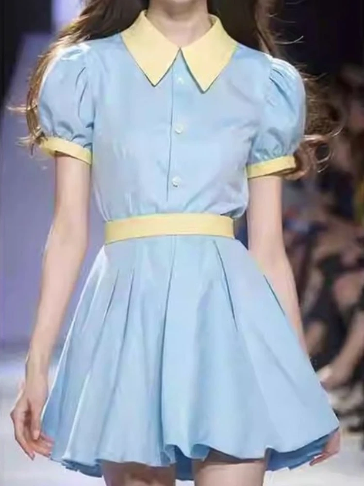 

Preppy Style Dress Contrast Color Turn Down Collar Puff Sleeve Pleated Dresses Summer Female Slim Fashion Sweet Women's Clothing