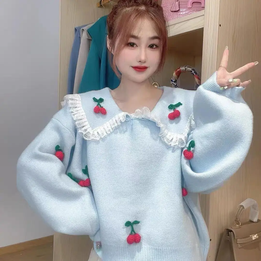 Vintage Cherry Jacquard Knitted Sweater Women Harajuku Autumn Peter Pan Collar Long Sleeve Jumper Top Sweet Loose Knitwear U1012