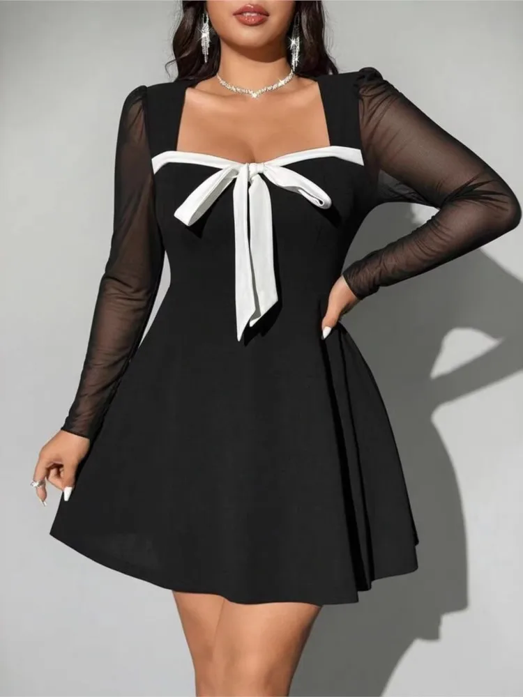 

2026 Simple Style Dresses For Ladies Evening Dress A-line Vestido Elegant Temperament Slim Contrast Bowknot Long Sleeves Banquet