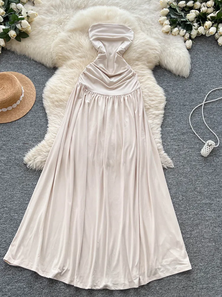 فستان نسائي طويل أنيق على شكل حرف a مثير مكشوف الأكتاف بحاشية كبيرة تصميم تنحيف تنورة جميلة نمط مناسب للتنقل فستان صيفي