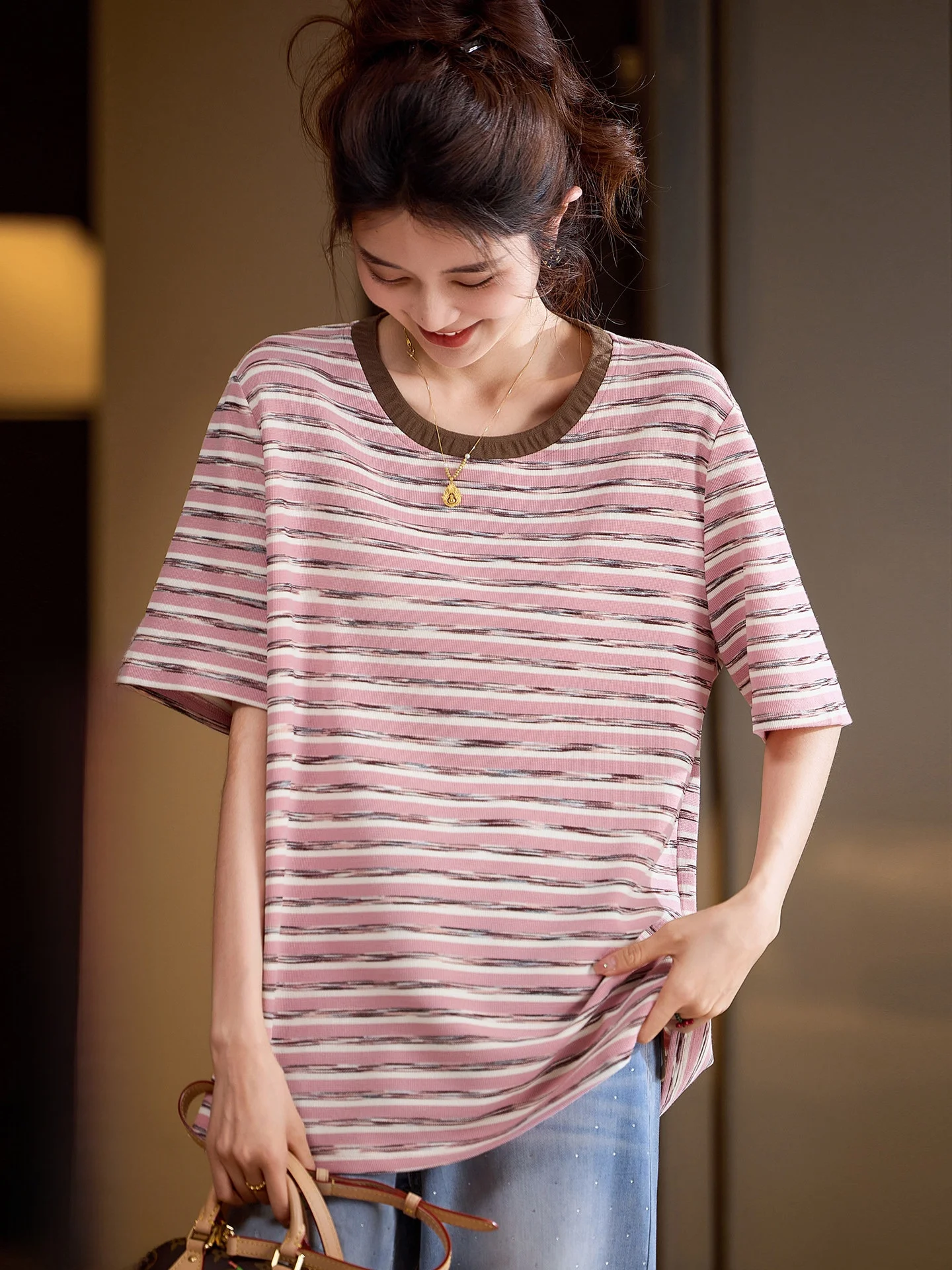 Street Style Striped Short Sleeve Pink T-Shirt Women's Summer New Fashion Large Size Casual Breathable round Neck Top