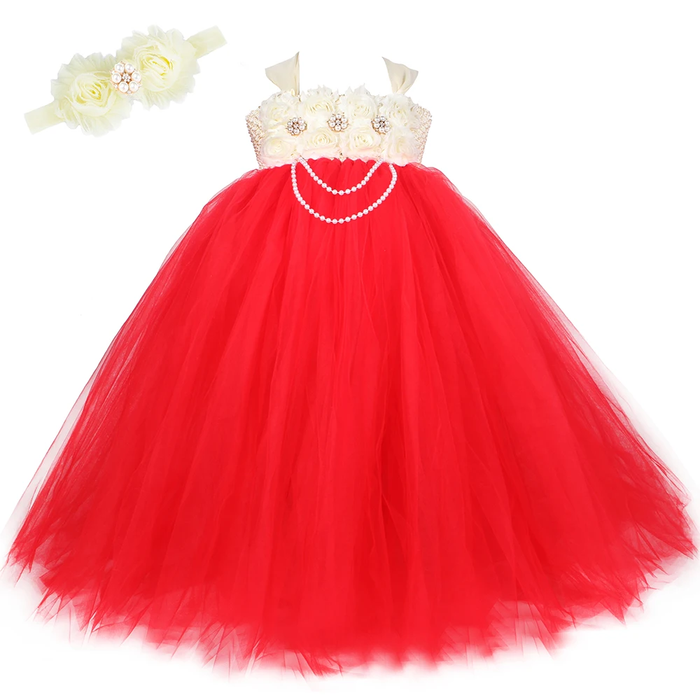 

Flower Girl Tutu Dress Beige Red Crystal Pearls Kids Tulle Tutu Dresses for Girls Party Pageant Wedding Princess Dress Ball Gown