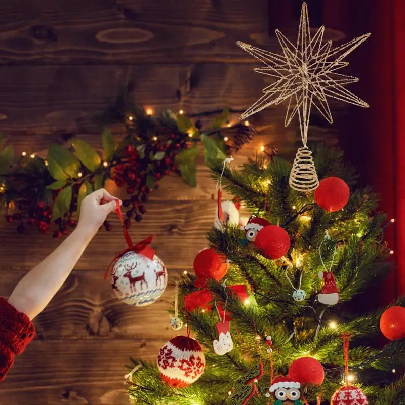 Estrella luminosa para árbol de Navidad, luz LED alimentada por batería, adorno para árbol de Navidad, diseño hueco, decoración navideña con purpurina