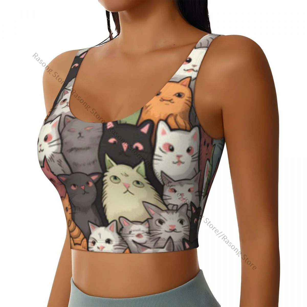 Yoga Vest Women Gym Sports Crop Tops Cute Cats Background Streetwear Workout Breathable Tank Top Female