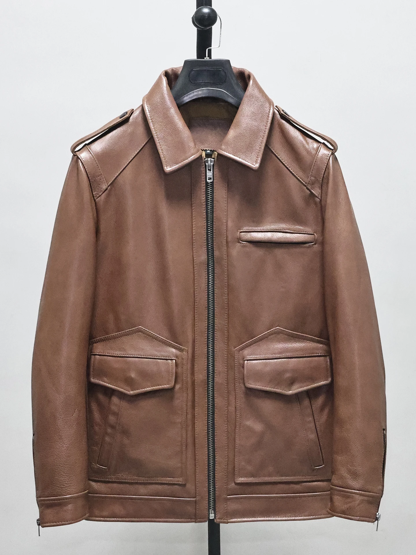 

Brown Top Layer Cowhide Genuine Real Leather Coat Men's Lapel Business Casual Workwear Jacket Nick Garment