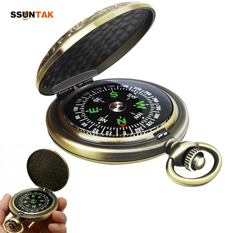 

SSUNTAK Vintage Flip Pocket Watch Compass Retro Zinc Alloy Classic Navigation Compass for Outdoor Hike Camp Gift Collection