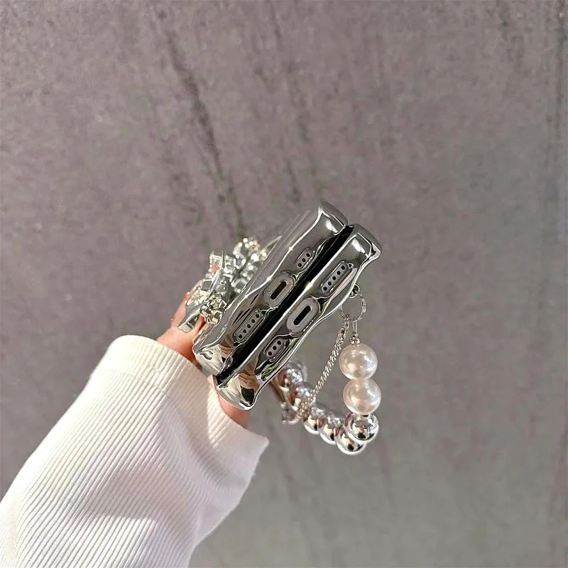 جراب هاتف آيفون 16 15 14 13 12 11 X XS XR Pro Max Plus INS الكورية نمط موجة مرآة لوضع مساحيق التجميل الغطاء الواقي مع سوار