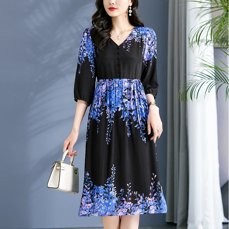 

Elegant Fashion Dresses For Women Spring Summer V-neck Three Quarter Sleeve 100% Real Silk Floral Print Woman Long Midi Dress