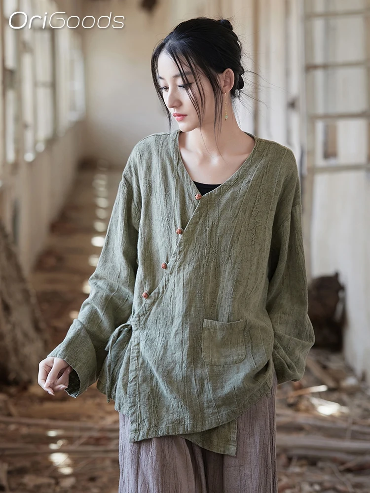 OriGoods Kimono Women Linen Cotton Long sleeve Summer Kimono Tops Chinese Japanese Style Thin Shirt Tie Dye Clothing 2024 B216