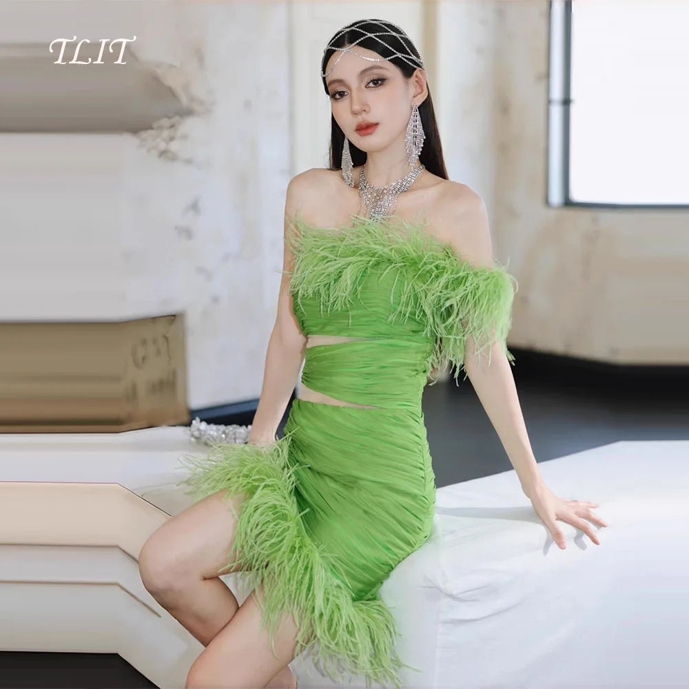 Tlit elegante grama verde sereia vestido de noite coreia vestido de casamento sessão de fotos sem alças penas vestidos de baile personalizados