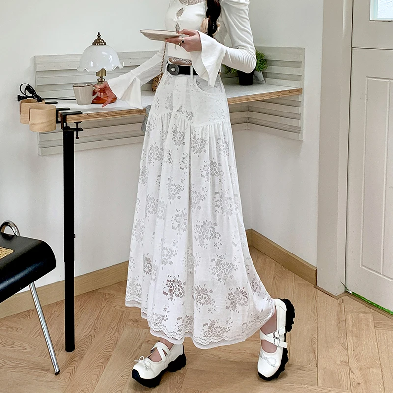 

White Lace Maxi Long Skirts for Women 2024 Summer Belted High Waist Korean Elegant Hollow Out Skirt Female Sweet Faldas Mujer