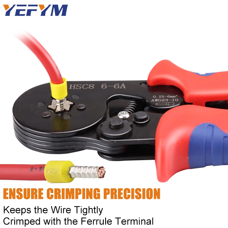 Hexagonal Ferrule Crimp Tool Wire Ferrule Crimping Tool HSC8 6-6A Self-adjustable Ratcheting Crimper for AWG23-10(0.25-6mm²)