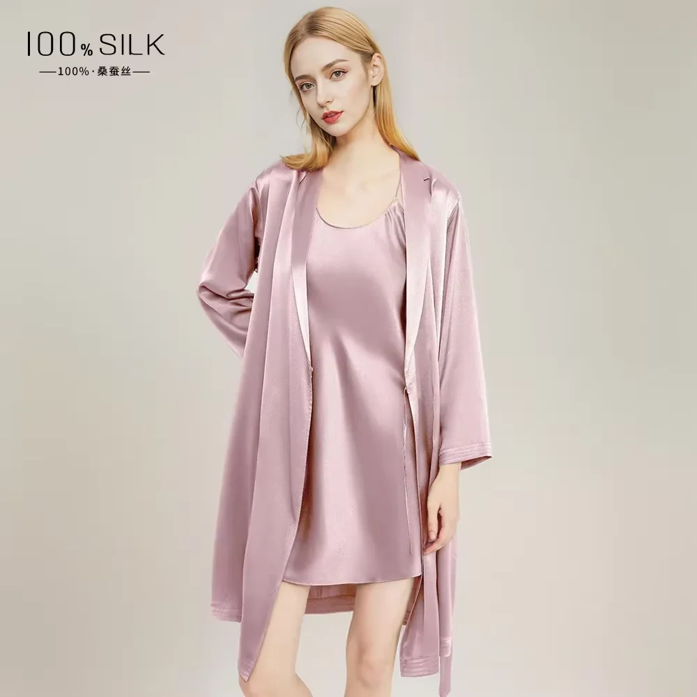 

Comfortable Mulberry Silk Robe and Nightgown 19MM Heavy Silk 2 Piece Nightdress Women Simple Spring Shower Robe Set Nightgowns