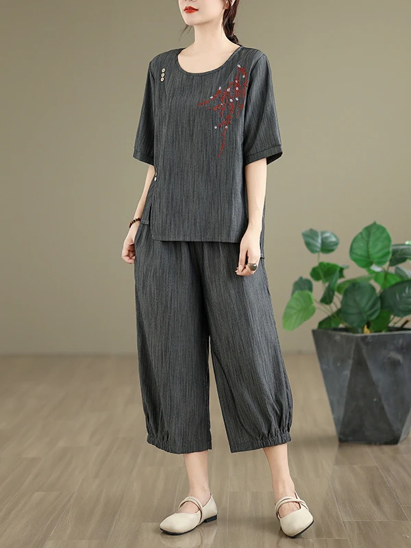 

Casual Embroidered ort Sve T-irt High Waist Wide Leg Pants Two Piece Set Loose Fit Summer New Arrival Women's Ensemble