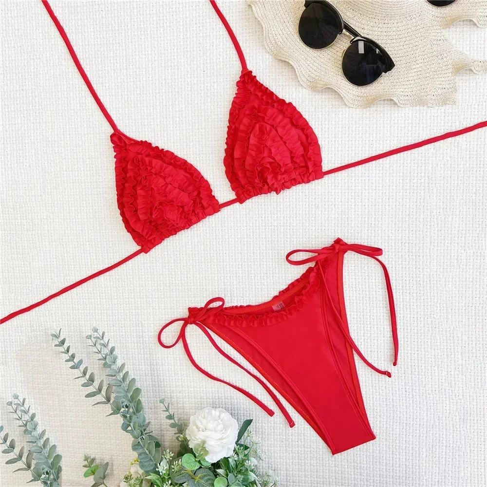 

Sexy Frilled Ruffled Swimsuit Women 2025 Red Halter Micro Bikini Thong String Lace-up Swimwear Bathing Suit Biquinis Bikinis Set