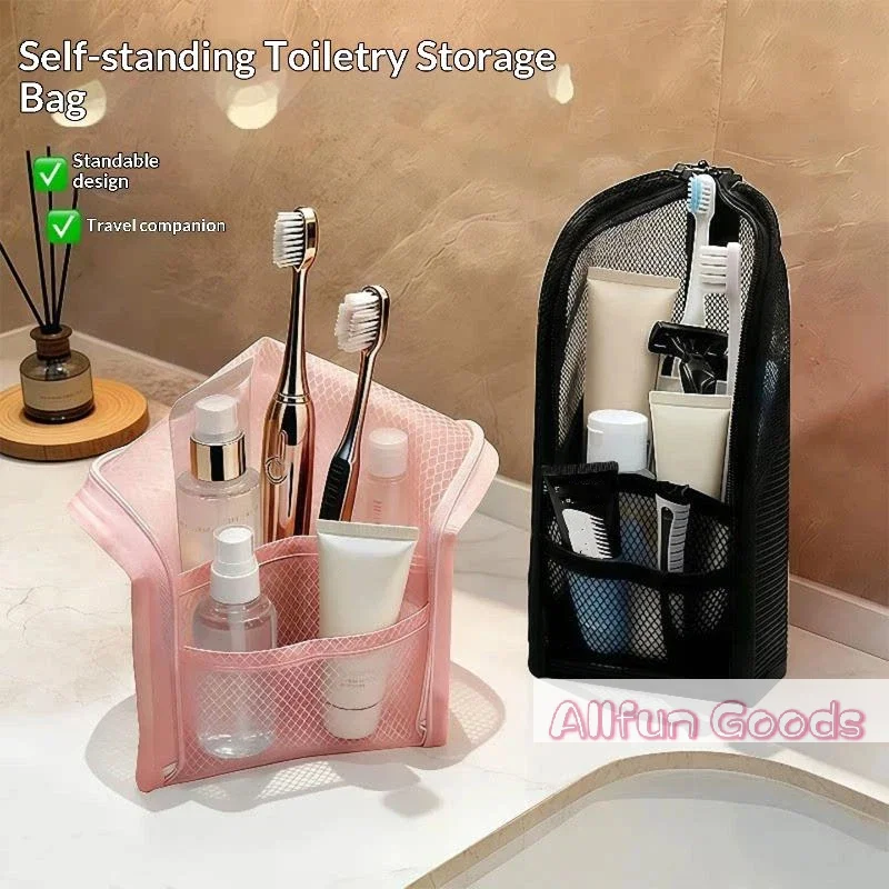 Large Capacity Cosmetic Bag Waterproof Space Saving Travel Foldable Toothbrush Toiletry Pouch Zipper Closure Vertical Standing