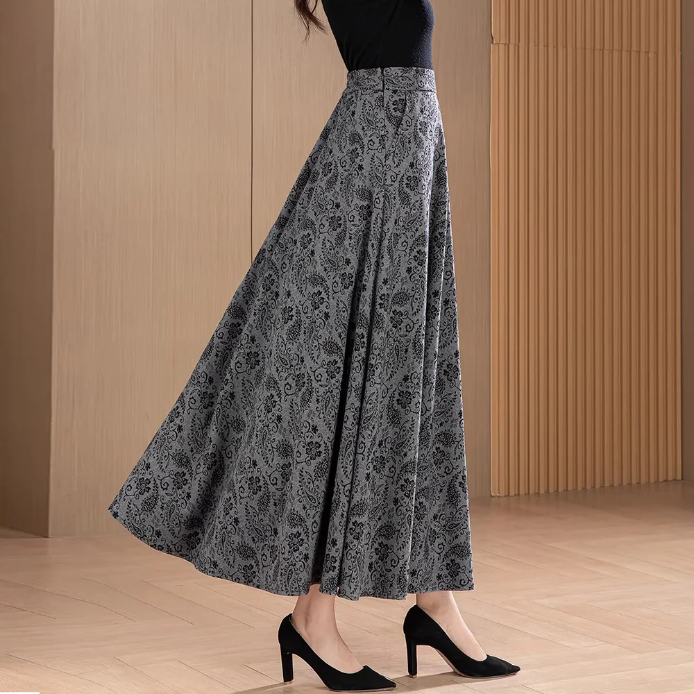 New Women Print Woolen Skirt Autumn Fashion High Waist A-line Vintage Floral Long Skirt Simplicity Elegant Daily Skirt Female