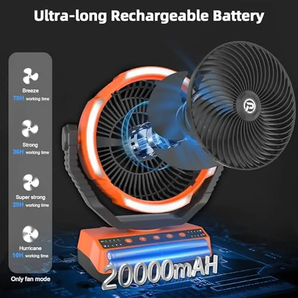 20000mAh Portable Camping Fan with LED Light 70HRS Run Time Auto Oscillation 4-Speed USB Charger Ideal Tent Travel Power Outage