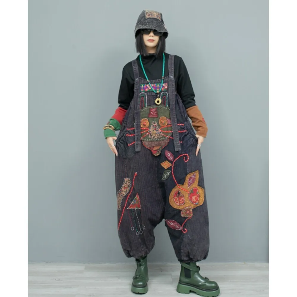 Age Reducing Hand Embroidered Jumpsuit Old Cloth Splicing Cotton Thick Warm High Waist Strap Pants Women Winter LX2719