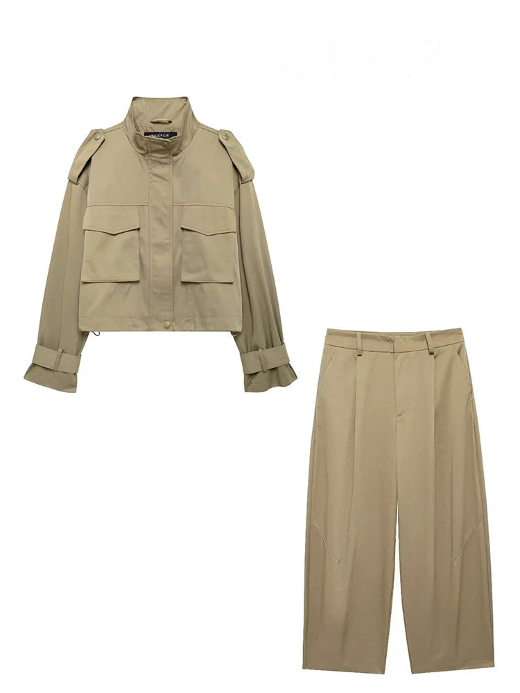 HH Set da 2 pezzi da donna Bottoni tascabili alla moda Decorano giacca a maniche lunghe Cappotto + Pantaloni larghi casual a gamba larga con cerniera a vita alta