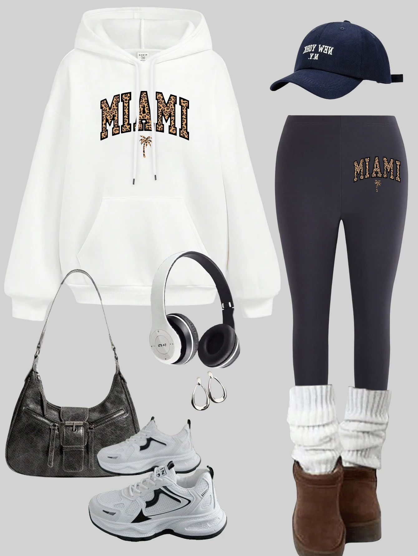 

Miami Coconut Tree Prints Womens Hoodies Set Thicken Warm Female leggings Casual Pocket Clothes Fleece Autumn Hoody Sets