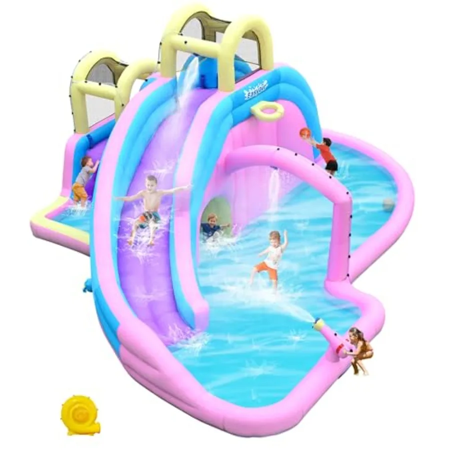

Large Inflatable Water Slide for Big with Climbing Wall and Basketball Hoop in Blue Outdoor Blow Up Pool with Built-in Blower