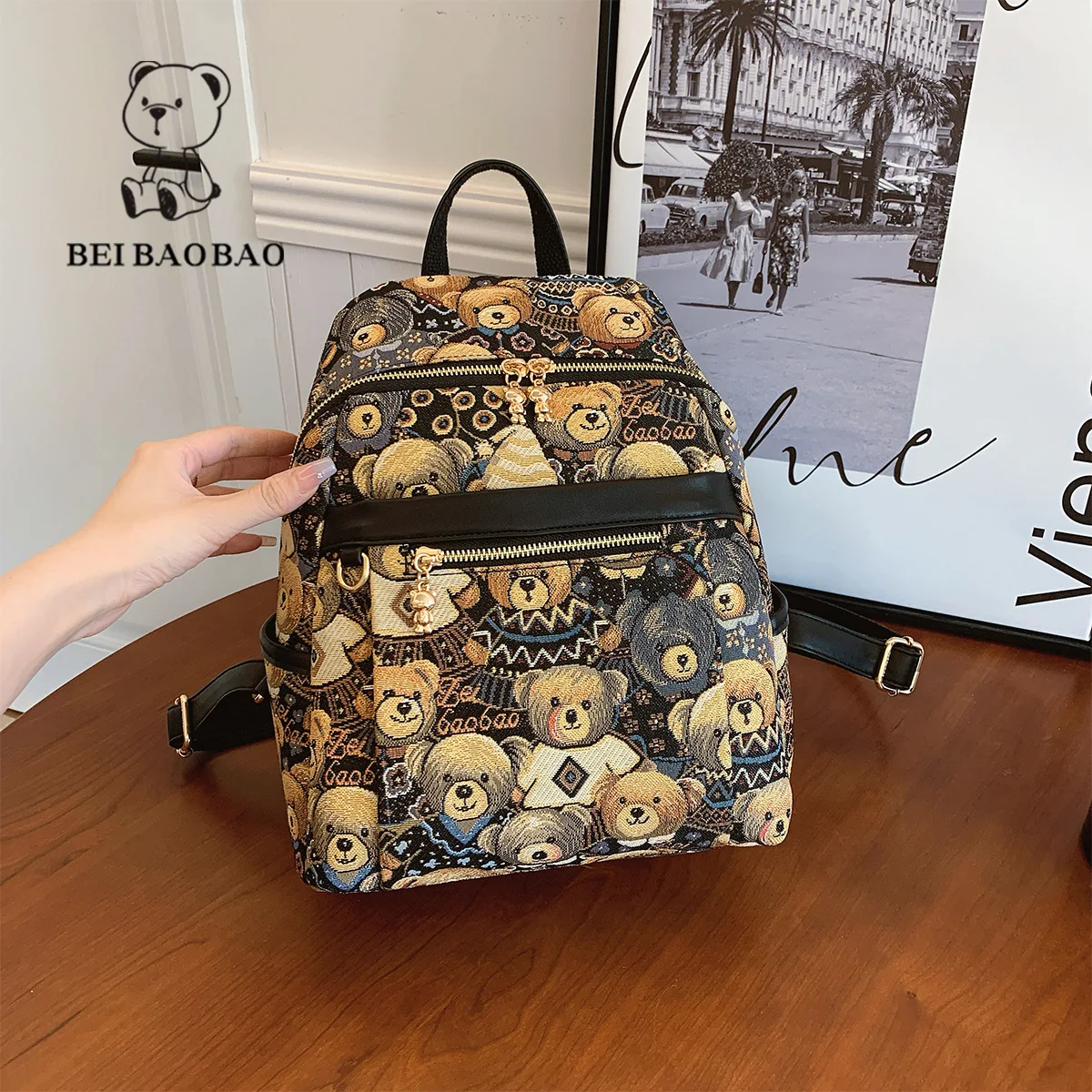 Beibao backpack backpack backpack women's 2024 new teddy bear canvas bag large capacity casual backpack fashionable women's bag