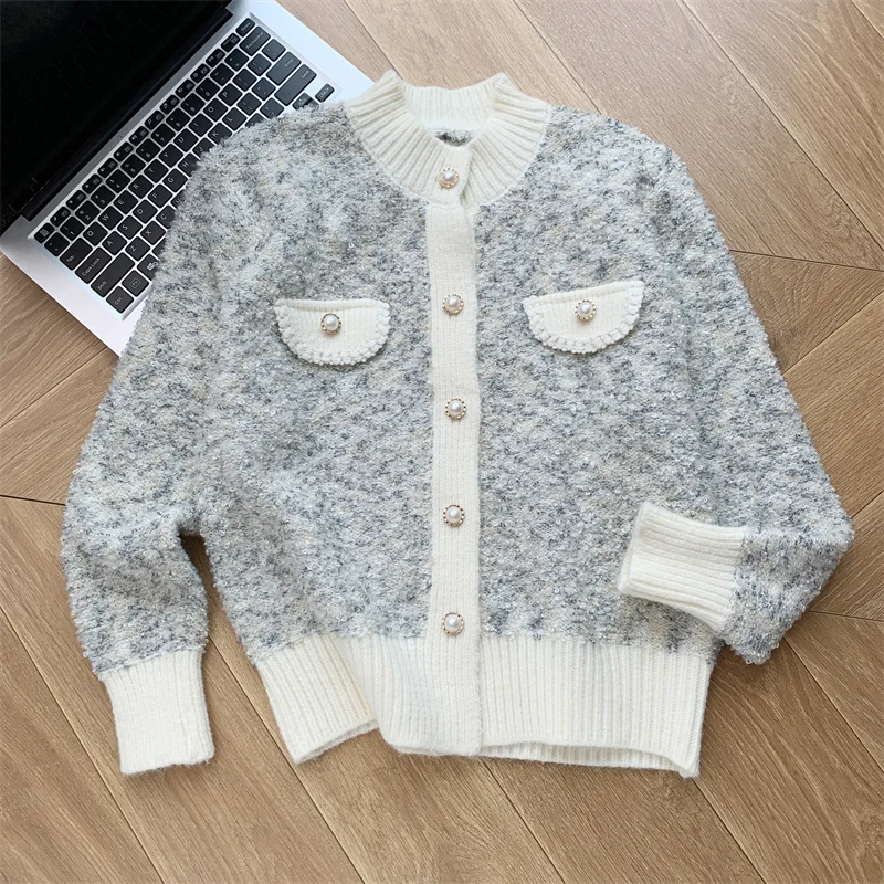 2024 New Autumn Winter Knitted Cardigan Sweater Coat Women Vintage O-Neck Long Sleeve Pearl Single Breasted Warm Knitwear Jumper